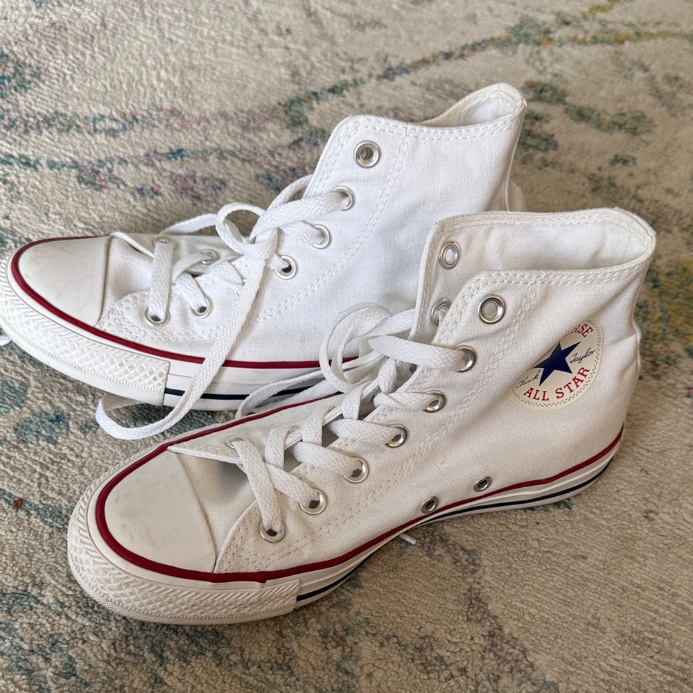 Converse White High-Tops with Red and Blue Details